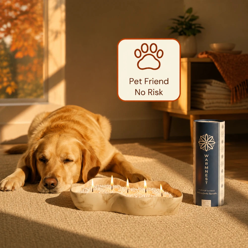 Golden retriever asleep beside a lit Warmnest pearled candle, pet friendly and non toxic