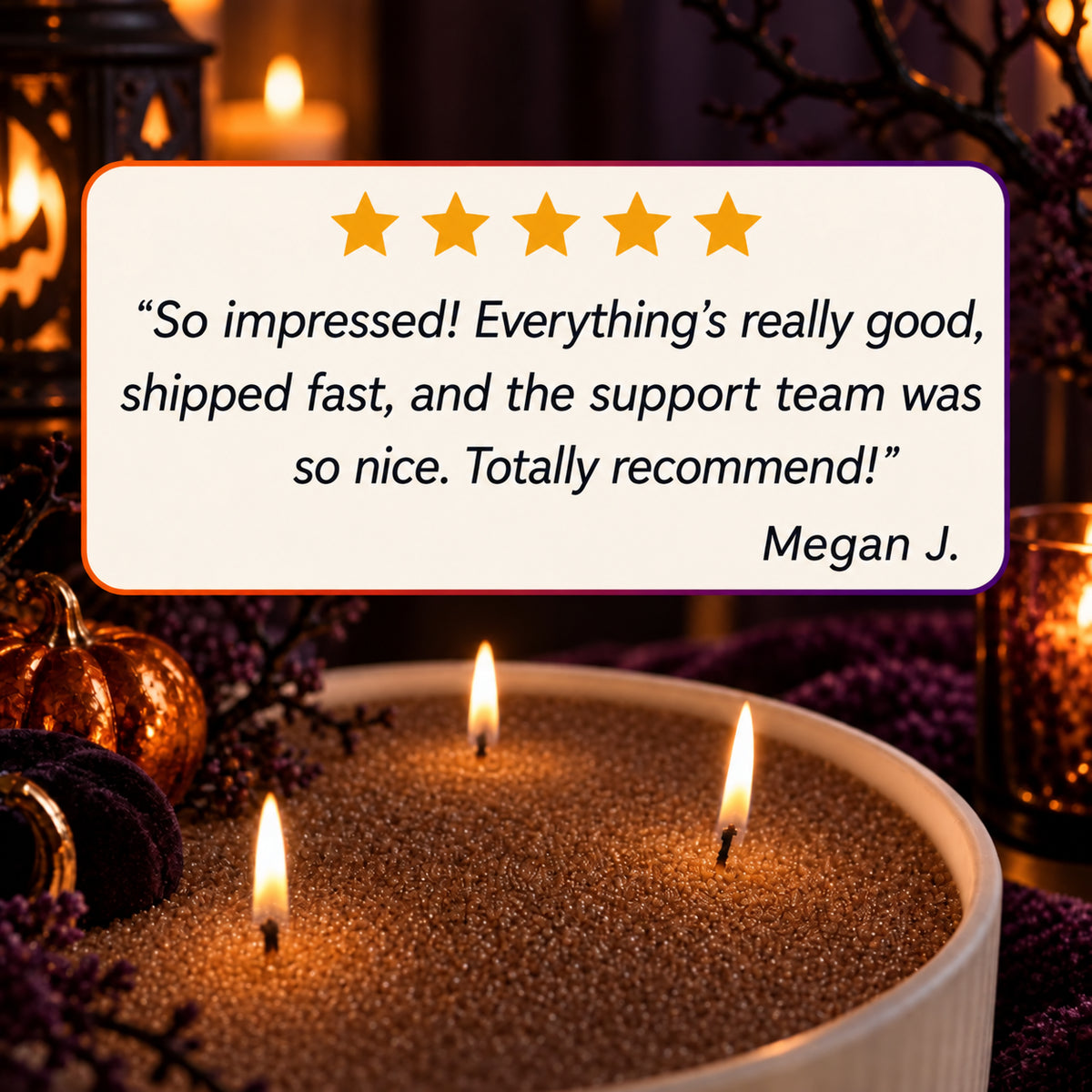 Five-star customer review over a bowl of lit brown candle sand