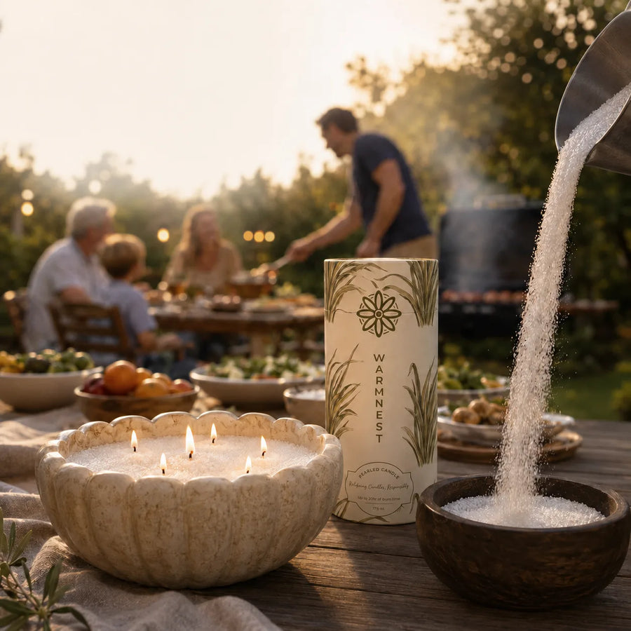 Warmnest citronella pearled candle lit on a garden table at dusk while a family shares dinner outdoors, mosquito free evening