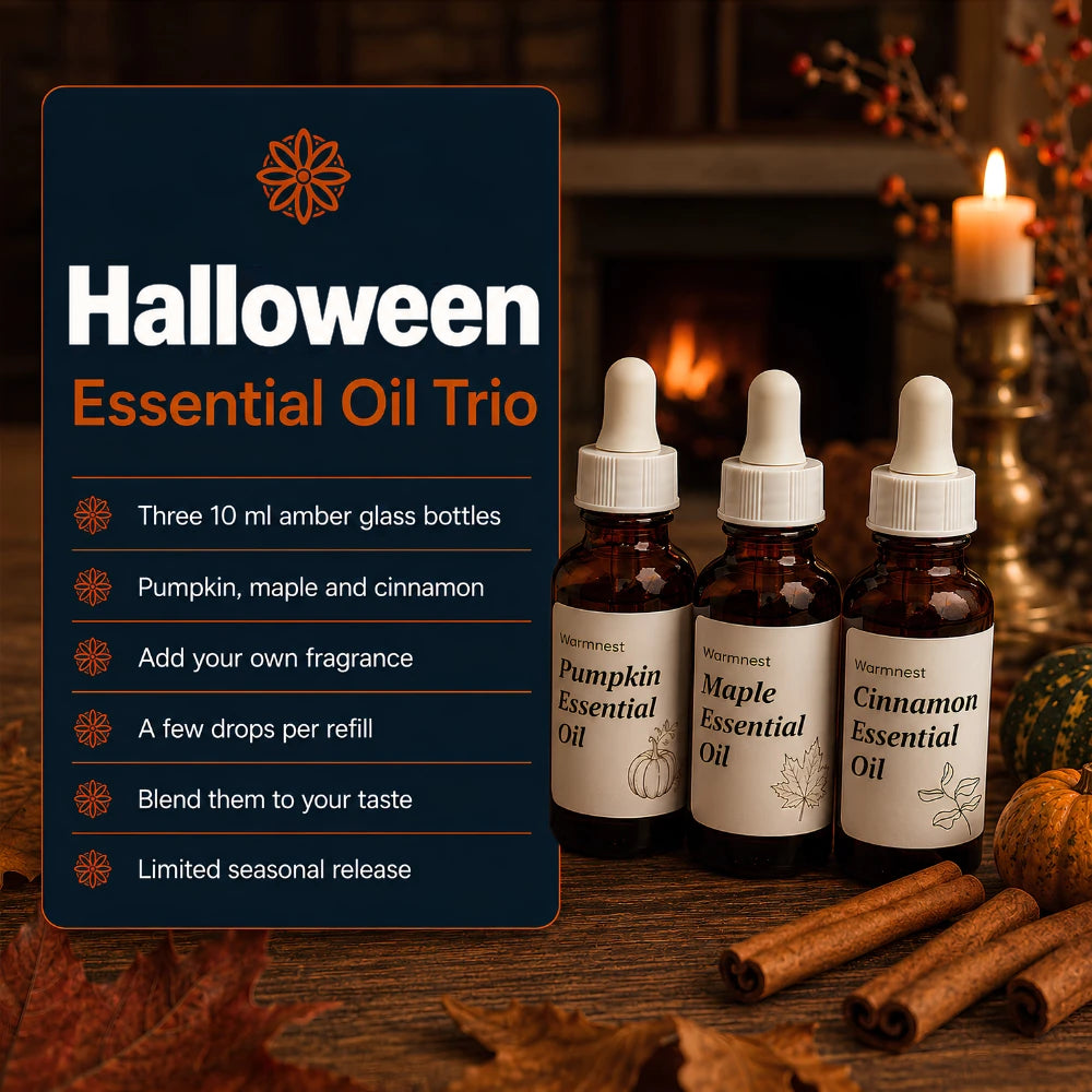 Essential oil trio details: three 10 ml amber glass bottles, pumpkin, maple and cinnamon