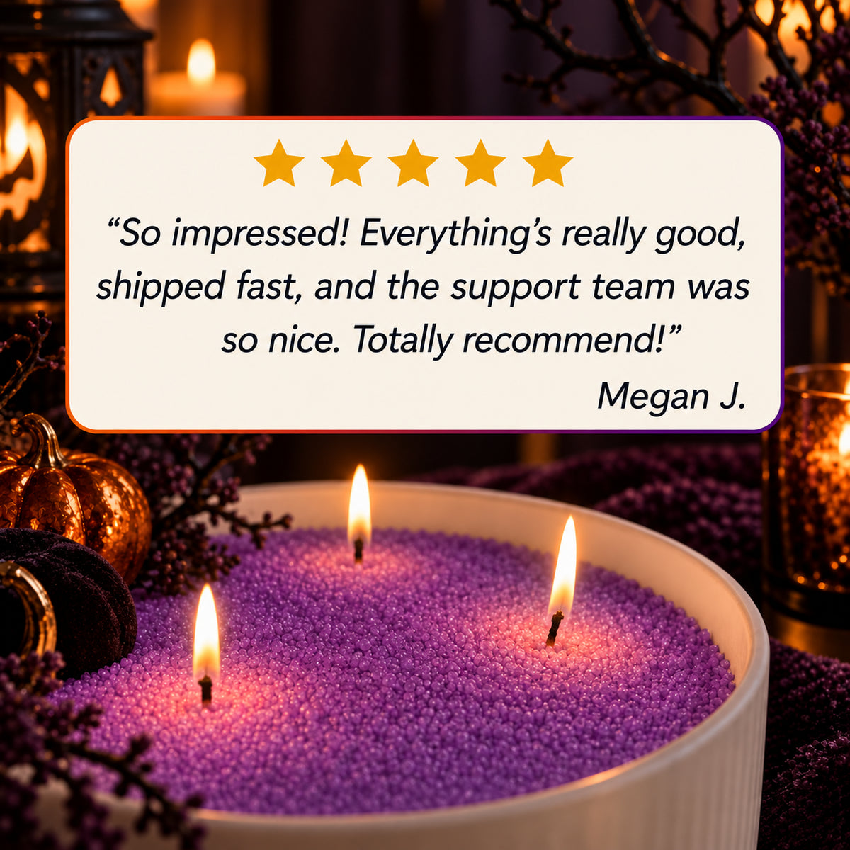 Five-star customer review over a bowl of lit purple candle sand
