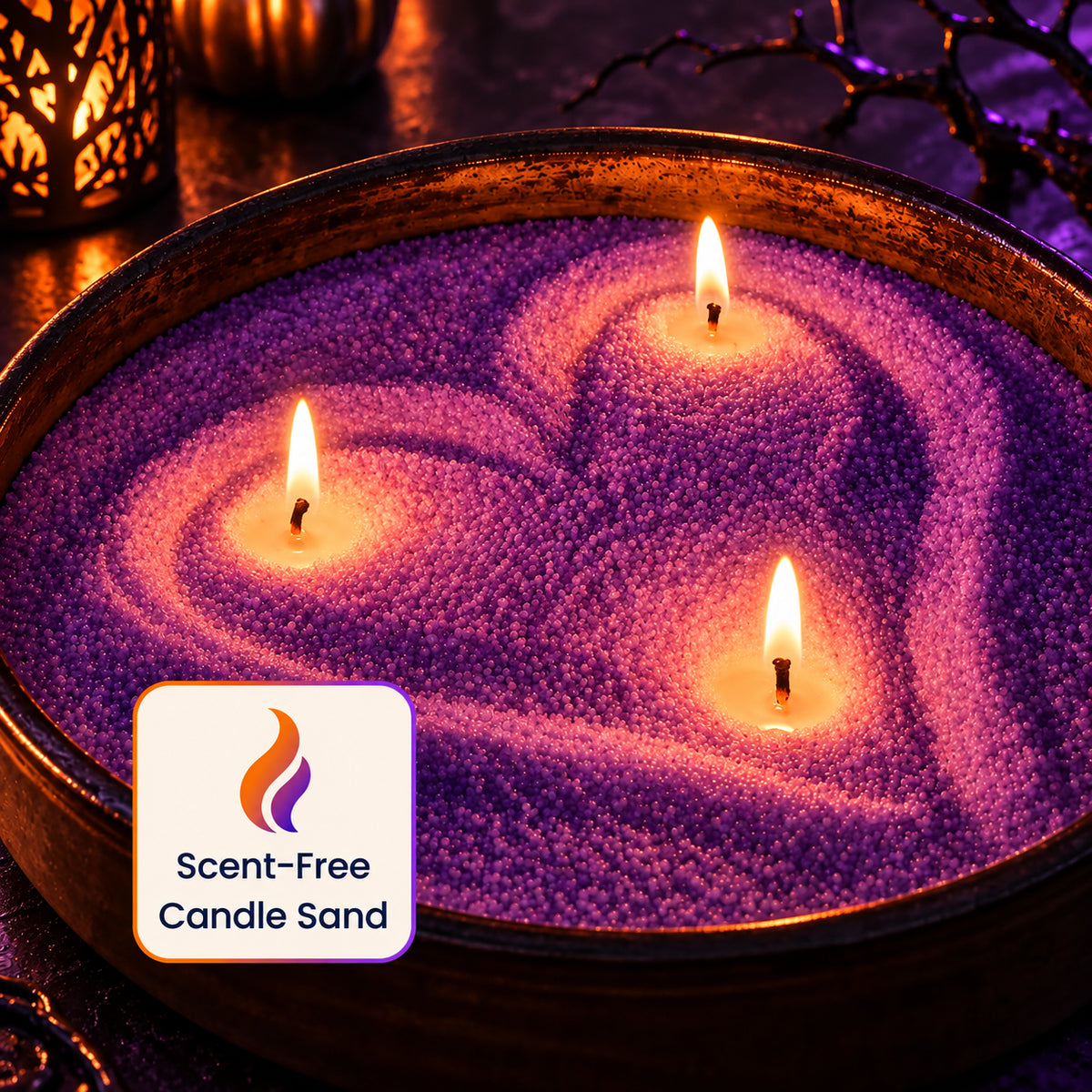 Scent-free purple candle sand shaped into a heart with three lit wicks