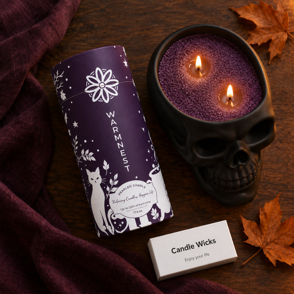 Purple limited edition box next to the Skull Vessel lit with purple wax pearls