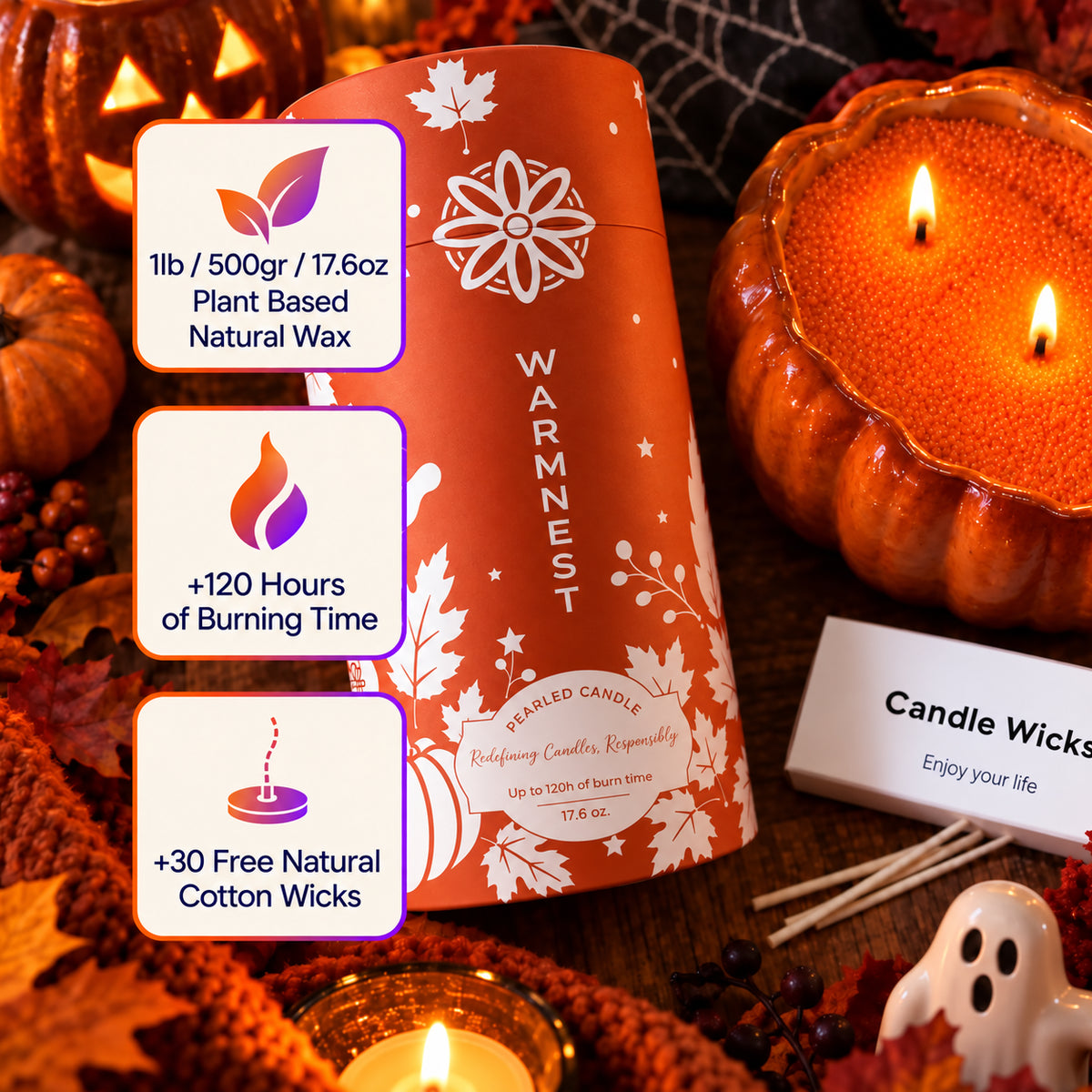 Orange edition box: 500 g of plant-based wax, up to 120 hours of burn time, 30 cotton wicks