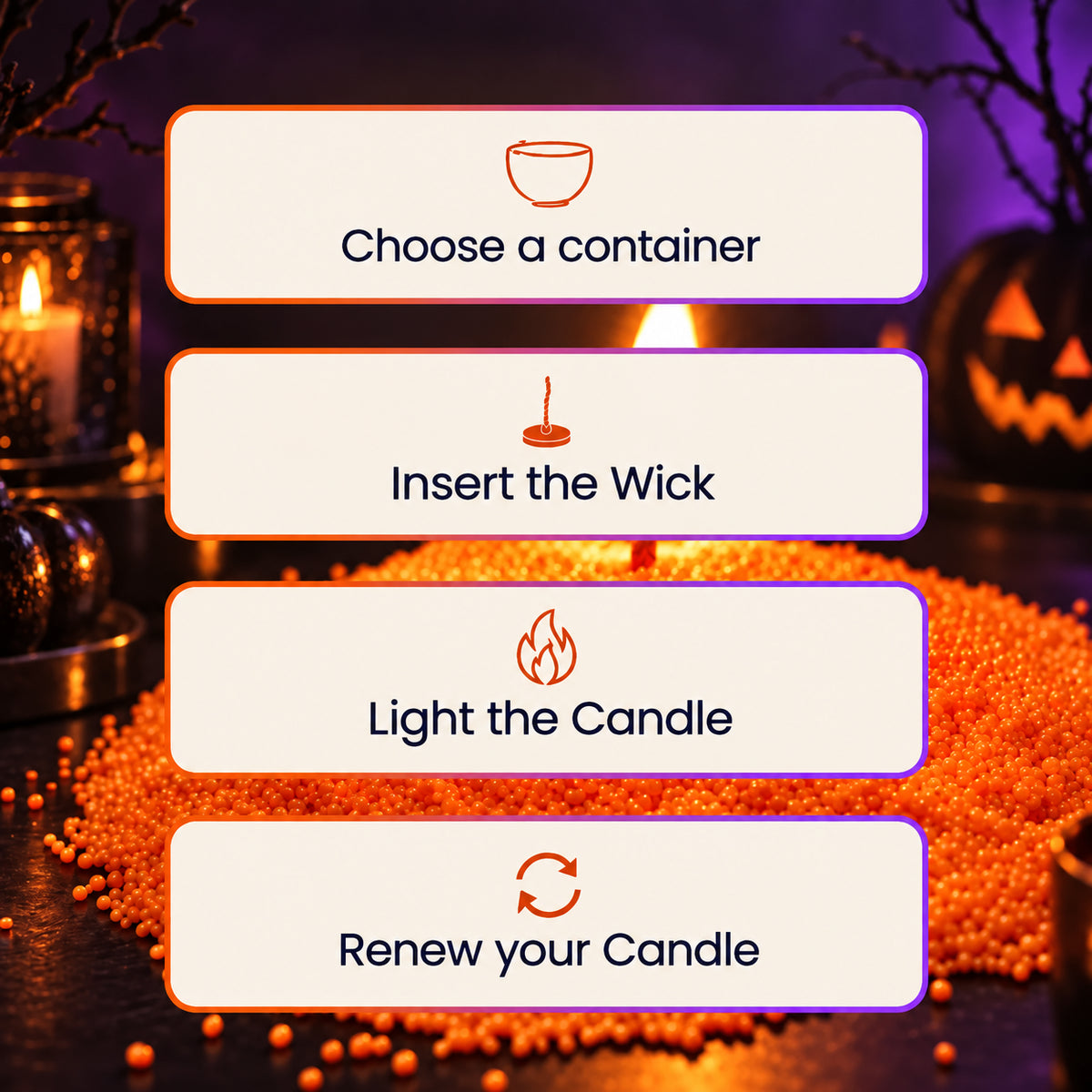 How it works in four steps: choose a container, insert the wick, light the candle, renew your candle