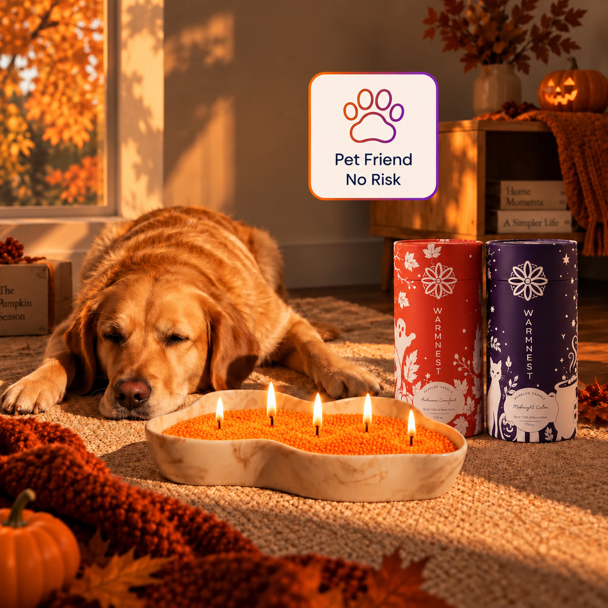 Dog resting next to a bowl of lit orange wax pearls