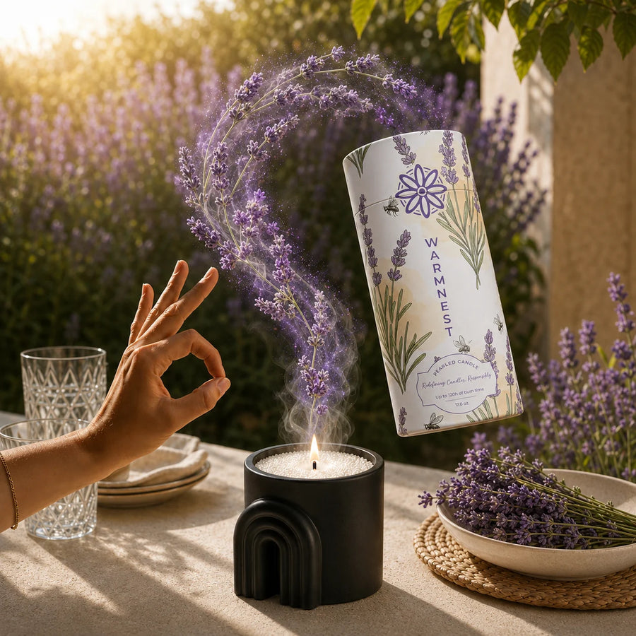 Warmnest Lavender pearled candle lit on a table with its ingredients