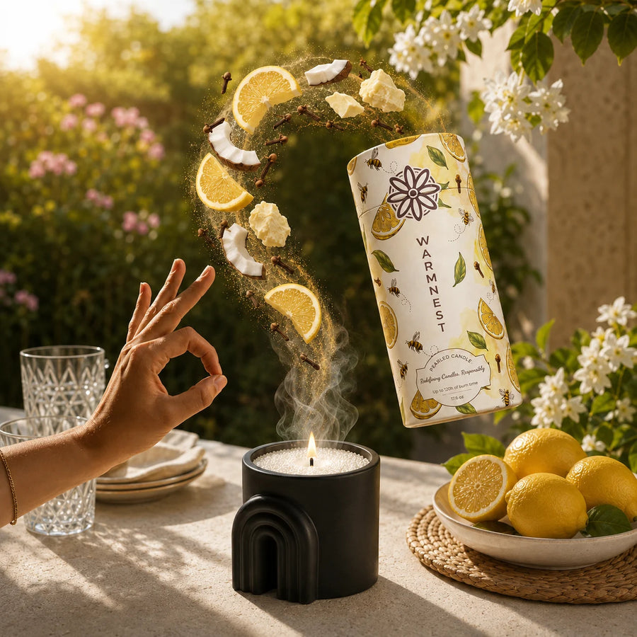 Warmnest Lemon & Clove pearled candle lit on a table with its ingredients
