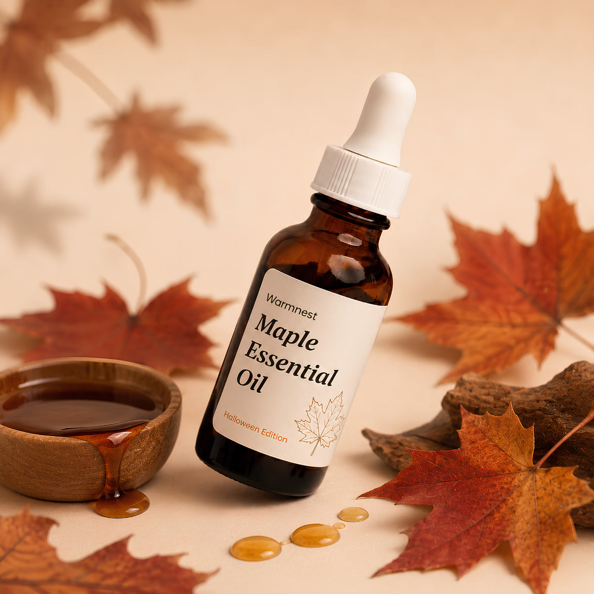 Maple Essential Oil bottle among autumn maple leaves