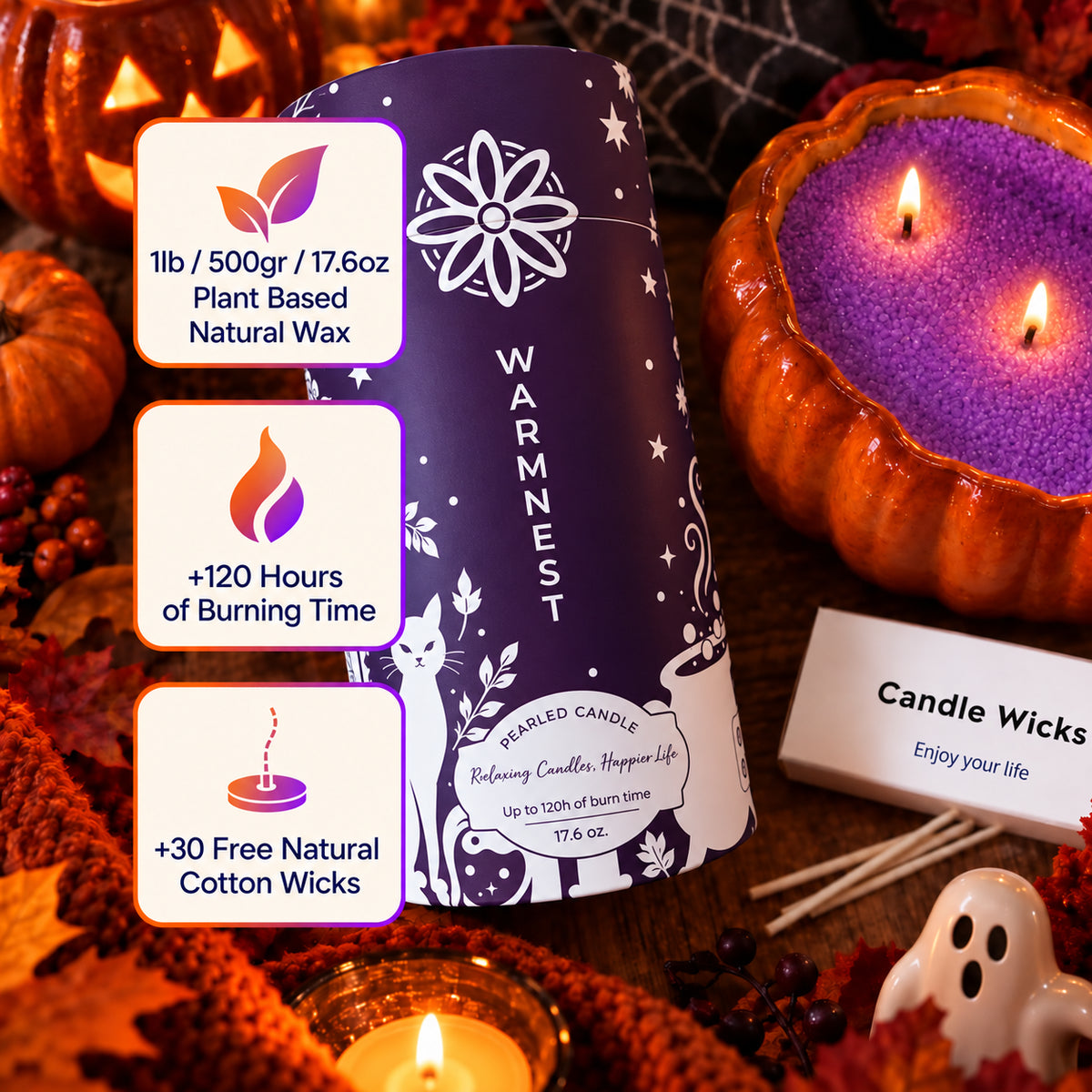 Purple edition box: 500 g of plant-based wax, up to 120 hours of burn time, 30 cotton wicks