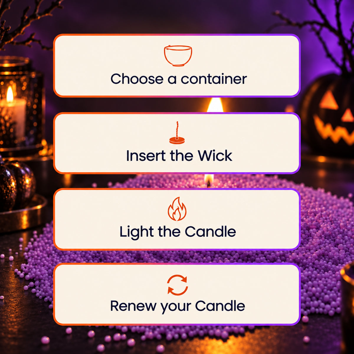How it works in four steps: choose a container, insert the wick, light the candle, renew your candle