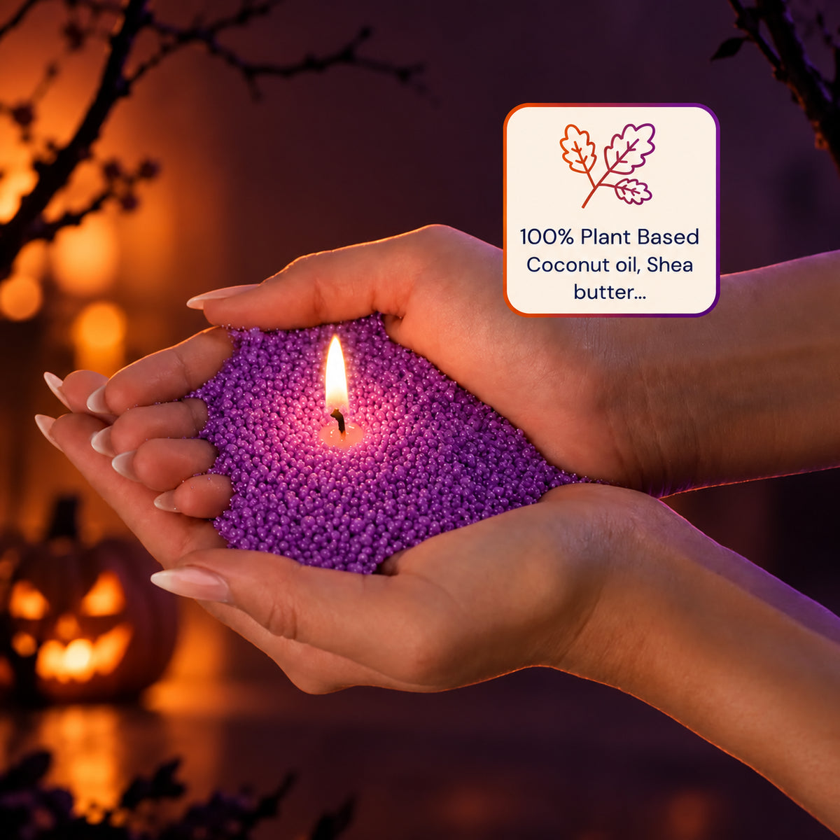 Hands holding purple plant-based wax pearls around a lit wick