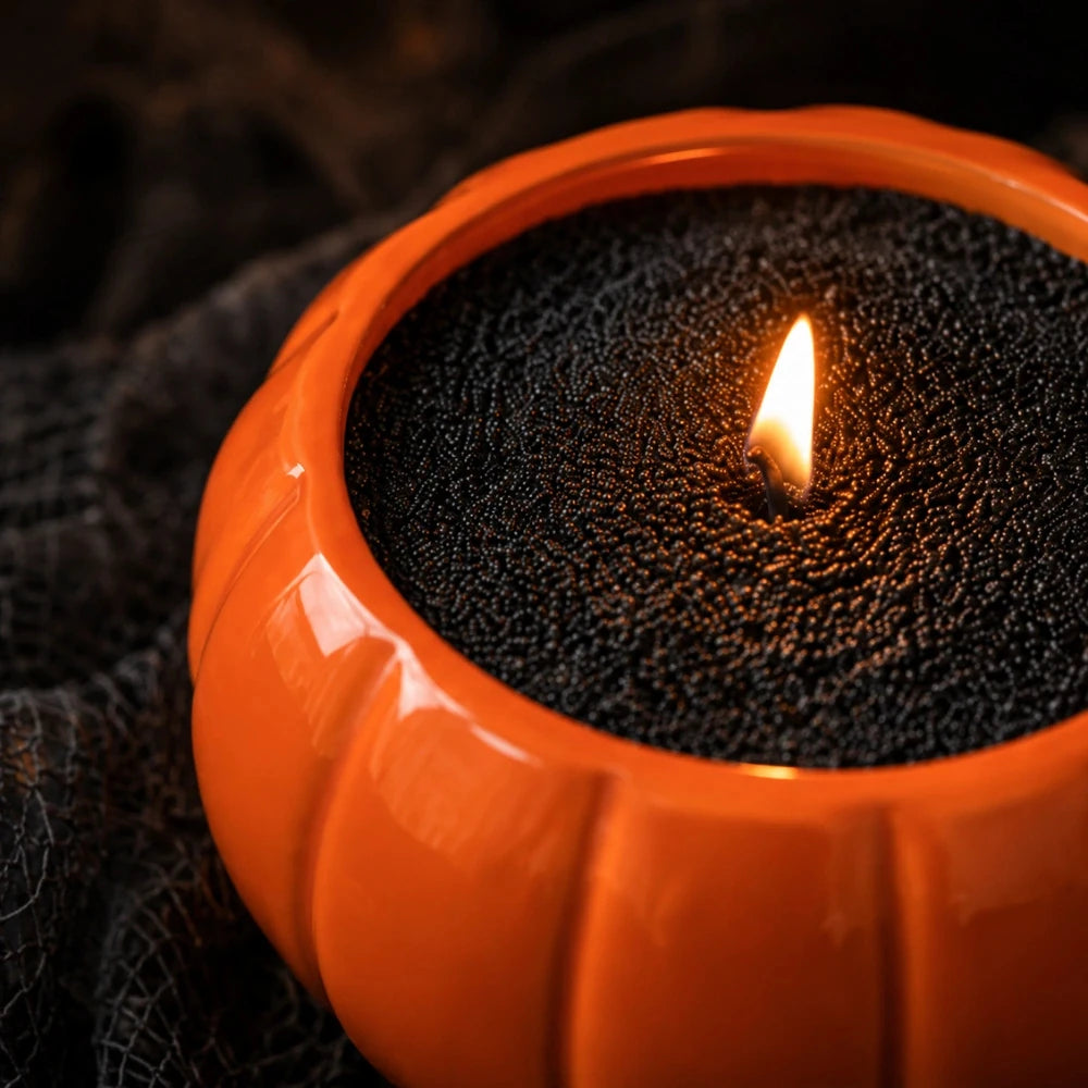 Close up of the Warmnest orange ceramic pumpkin vessel filled with black candle sand, one wick burning with a warm flame