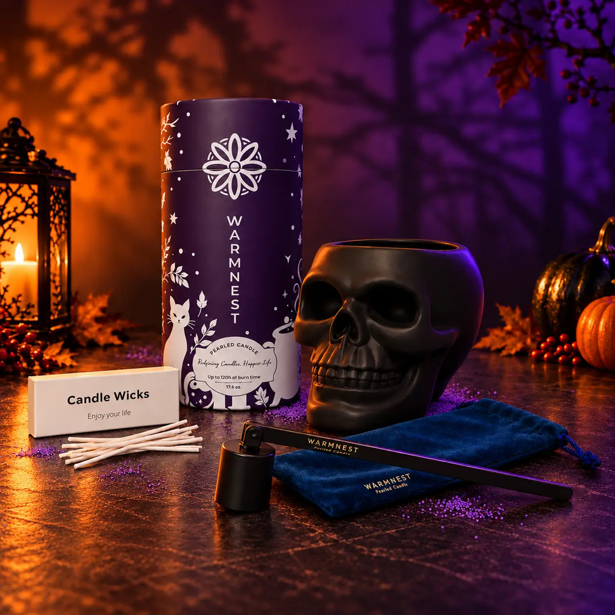 The Midnight Skull Pack: purple limited edition box, matte black Skull Vessel, candle snuffer and cotton wicks