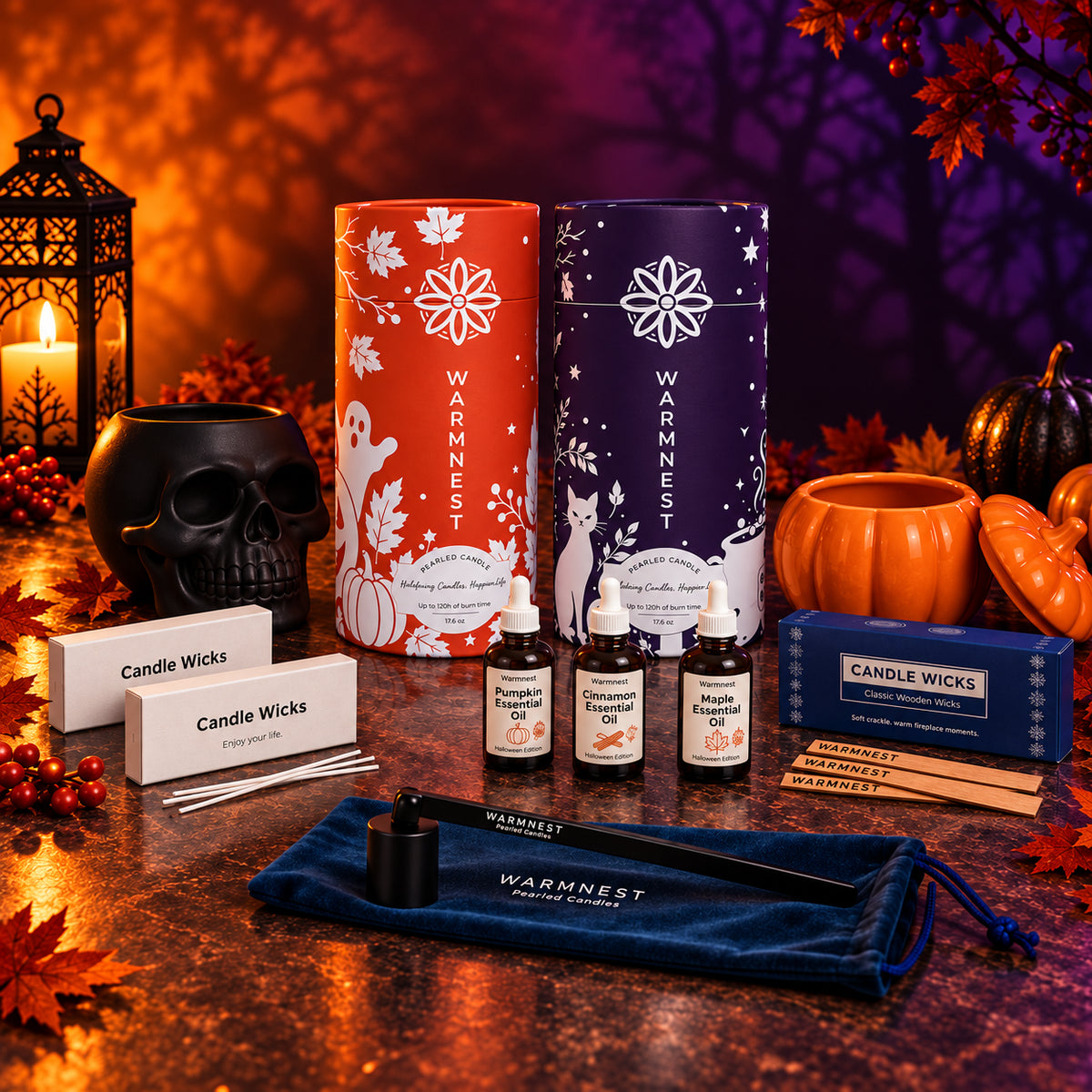 The Halloween Full Pack: both limited editions, Skull and Pumpkin Vessels, three oils, wooden wick, snuffer and wicks