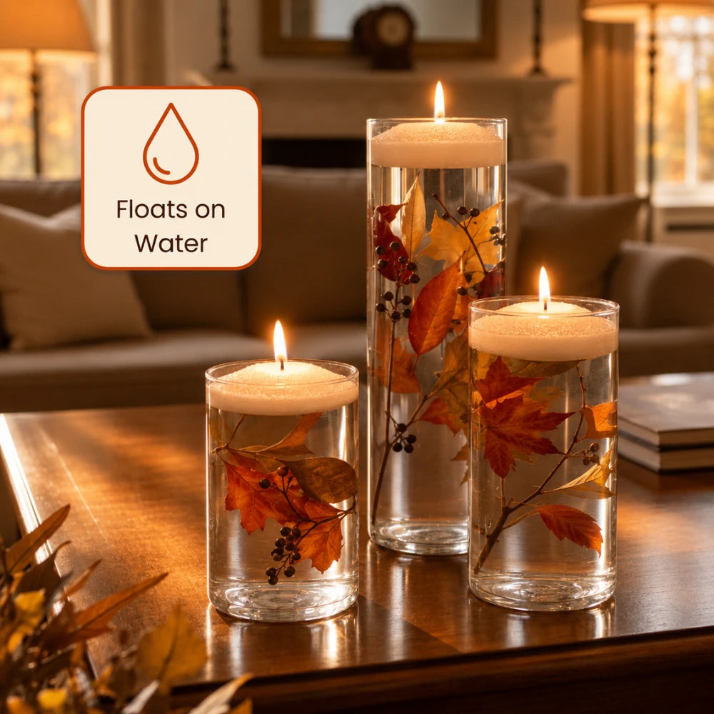 Warmnest pearled candles floating on water in glass cylinder vases with autumn leaves and berries