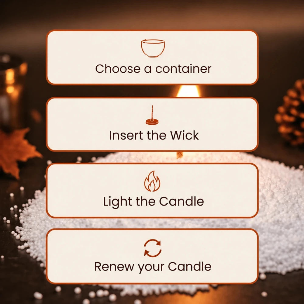 How to use Warmnest wax pearls in four steps: choose a container, insert the wick, light the candle, renew your candle