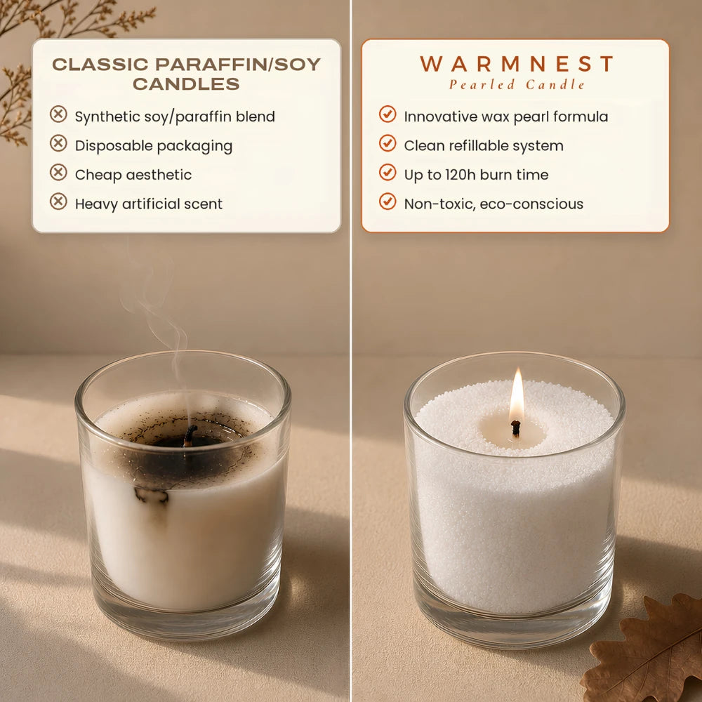 Comparison between a sooty classic paraffin candle and a clean burning Warmnest pearled candle in the same glass