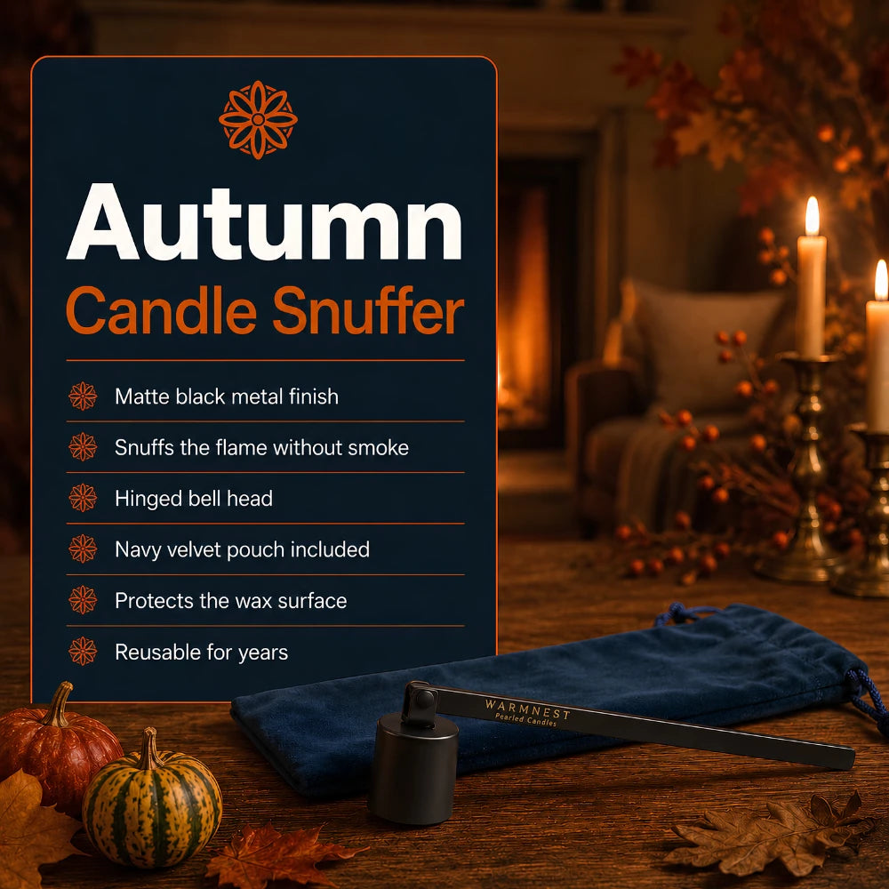 Warmnest matte black candle snuffer with its navy velvet pouch, feature list on a navy panel in a warm candlelit autumn interior