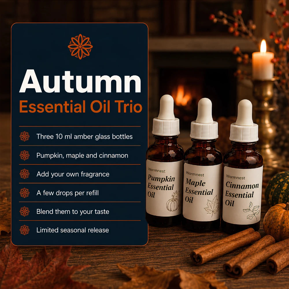 Warmnest autumn essential oil trio, three 10 ml amber glass bottles of pumpkin, maple and cinnamon, feature list on a navy panel