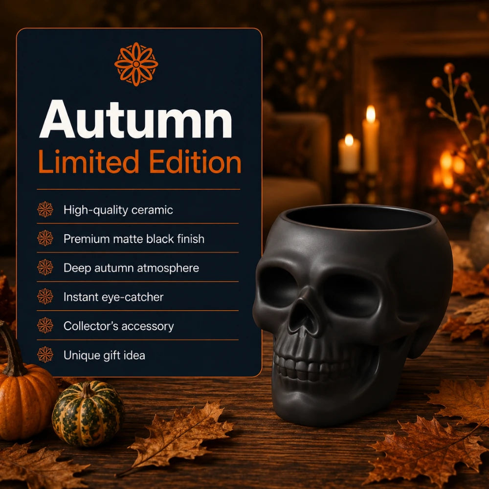 Warmnest autumn limited edition matte black ceramic skull vessel, feature list on a navy panel in a warm candlelit autumn interior