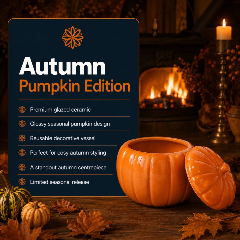 Warmnest autumn edition orange glazed ceramic pumpkin vessel with its lid, feature list on a navy panel in a warm candlelit autumn interior