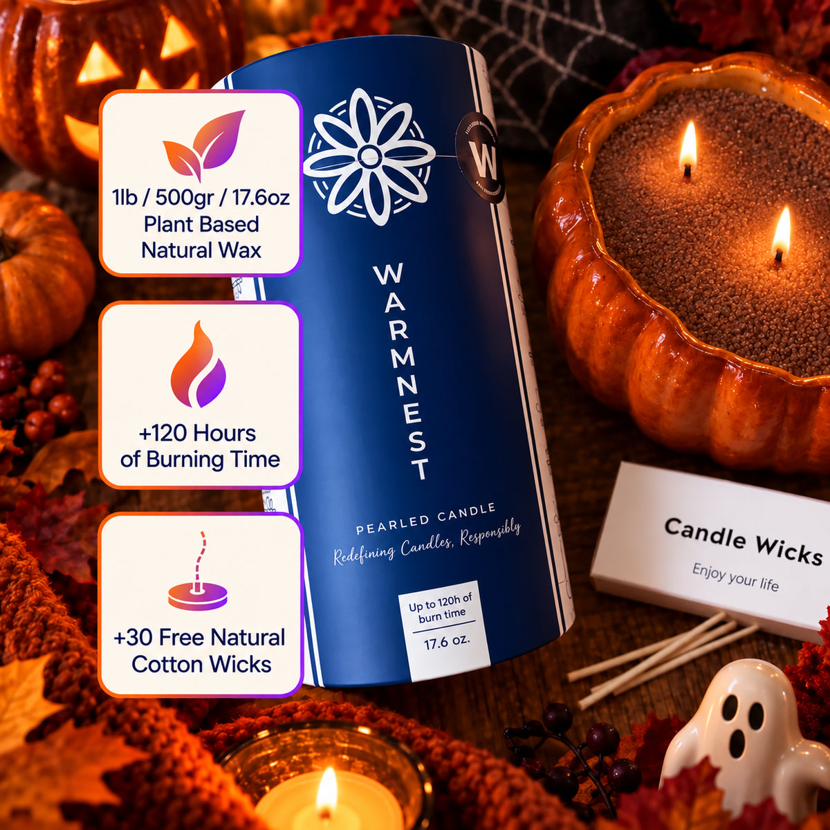 Classic box: 500 g of plant-based wax, up to 120 hours of burn time, 30 cotton wicks, brown pearls in a pumpkin