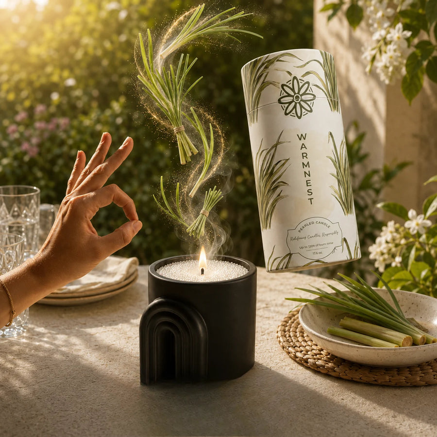 Warmnest Citronella pearled candle lit on a table with its ingredients