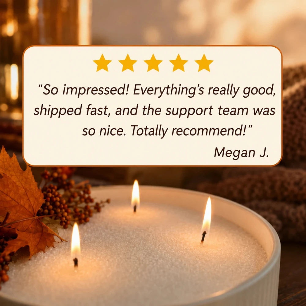 Five star Warmnest customer review from Megan J. over a lit pearled candle in autumn