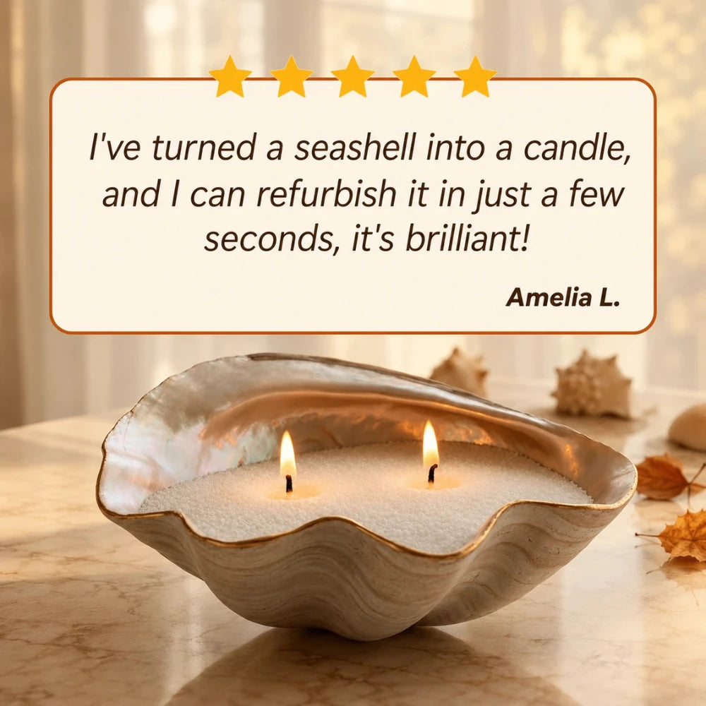 Five star Warmnest customer review from Amelia L. beside a seashell filled with pearled candle wax
