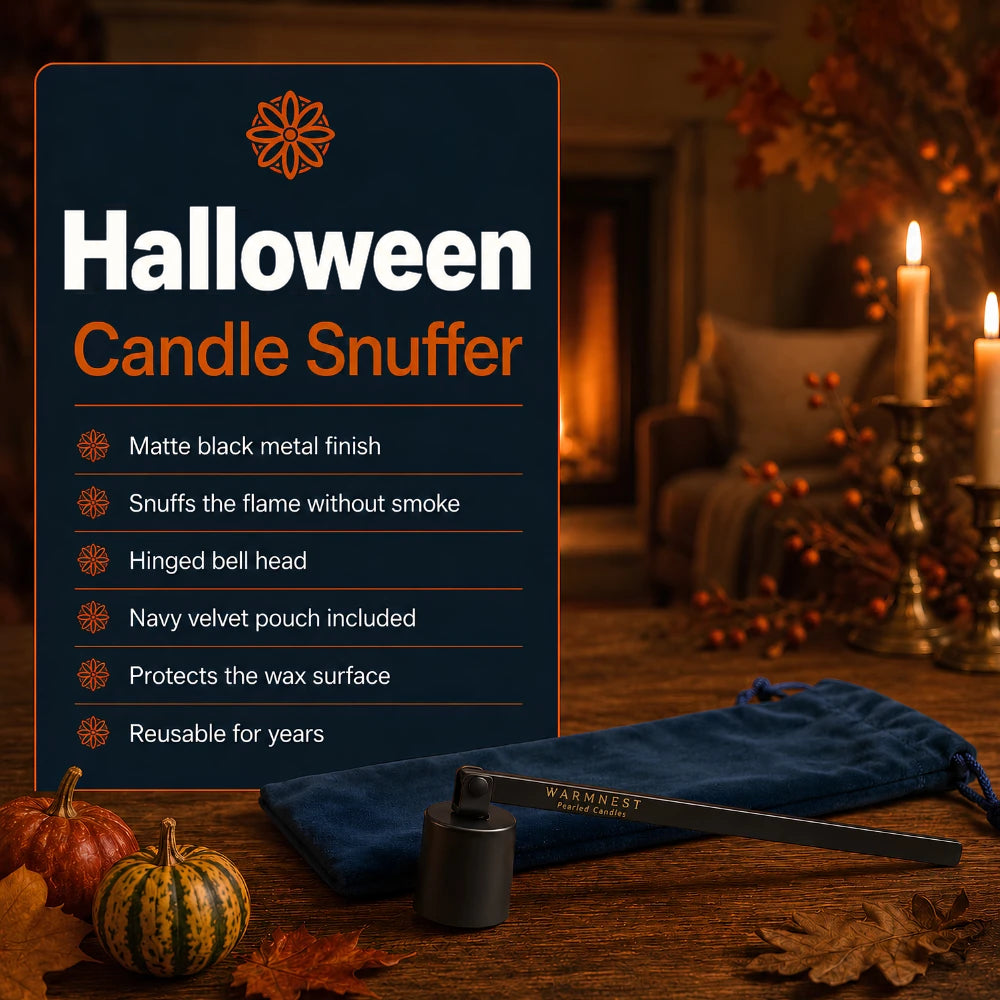 Candle snuffer details: matte black metal, hinged bell head, navy velvet pouch included