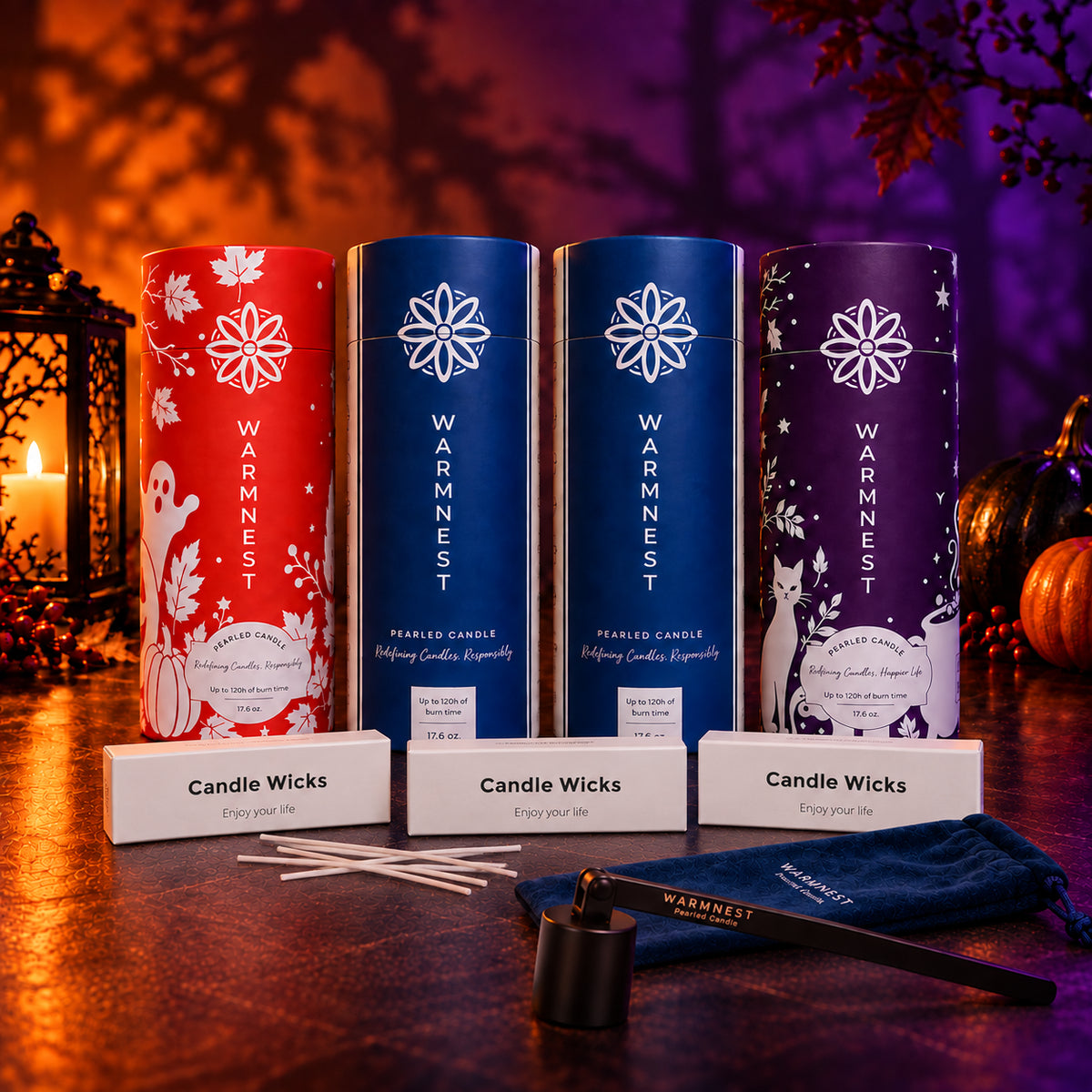 The Halloween Color Pack: orange and purple limited editions with two classic boxes, candle snuffer and cotton wicks