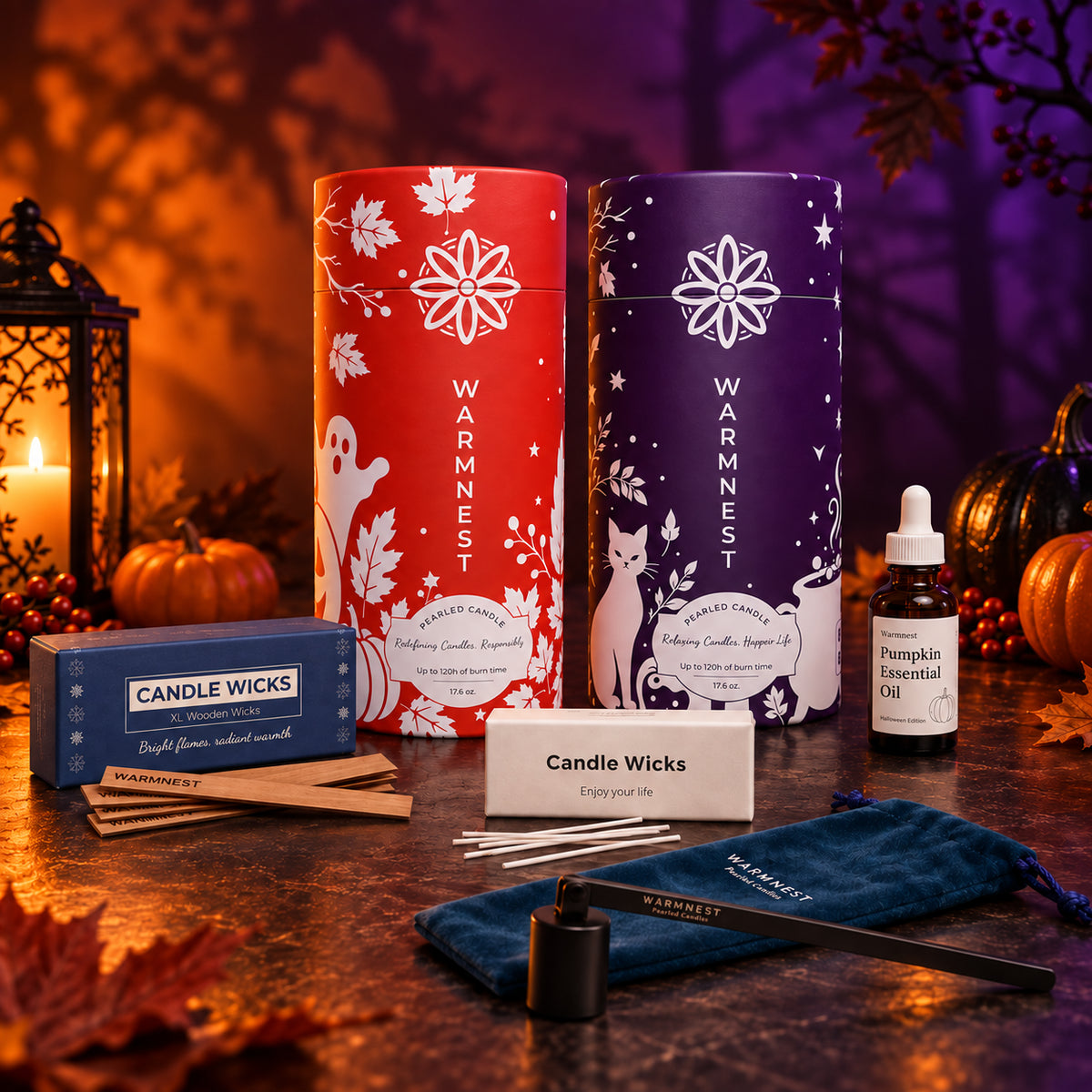 The Halloween Essential Pack, orange or purple edition, with an essential oil, wooden wick, snuffer and cotton wicks