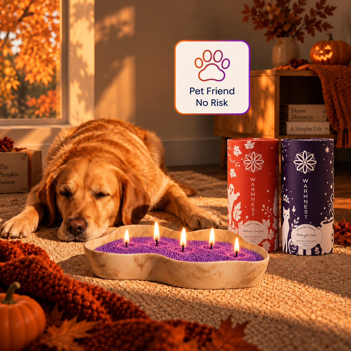 Dog resting next to a bowl of lit purple wax pearls