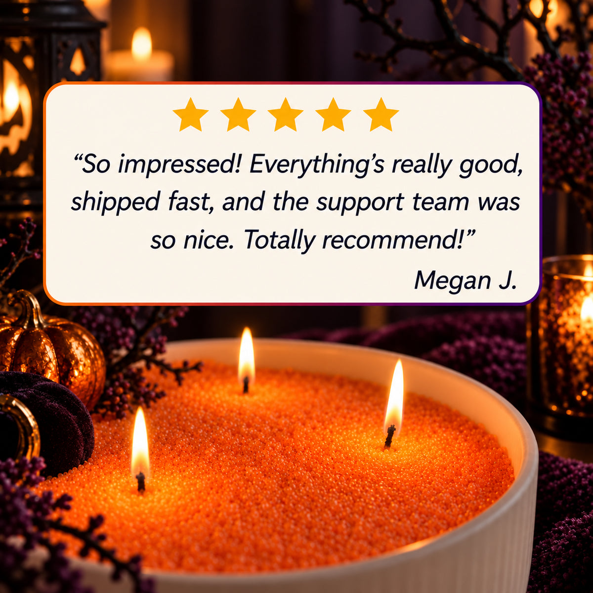 Five-star customer review over a bowl of lit orange candle sand