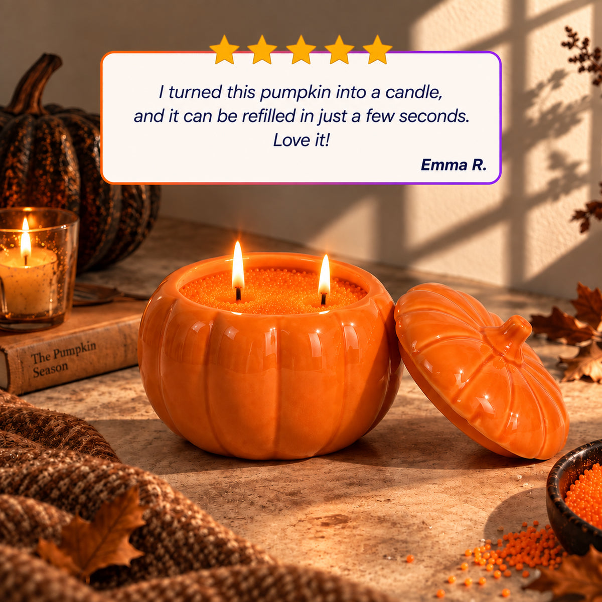 Pumpkin Vessel filled with lit orange wax pearls, with a five-star customer review