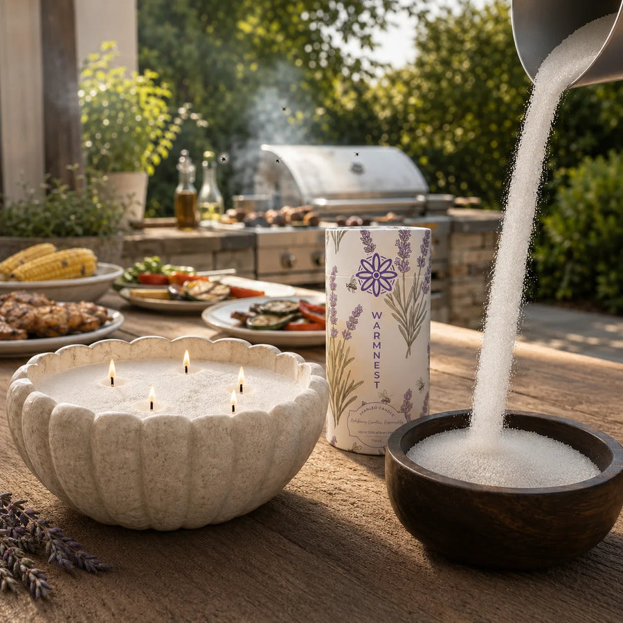 Warmnest lavender pearled candle lit on a wooden outdoor table beside food being cooked, keeping flies away