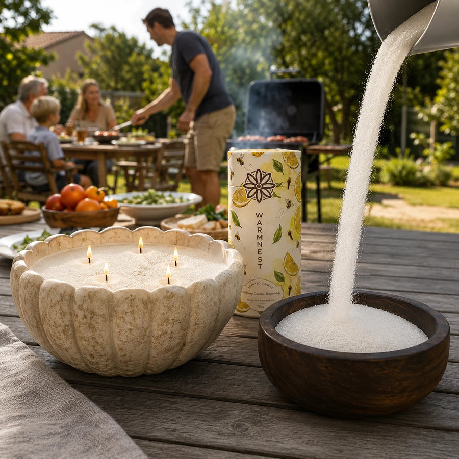 Warmnest Lemon & Clove pearled candle on an outdoor table set for a meal