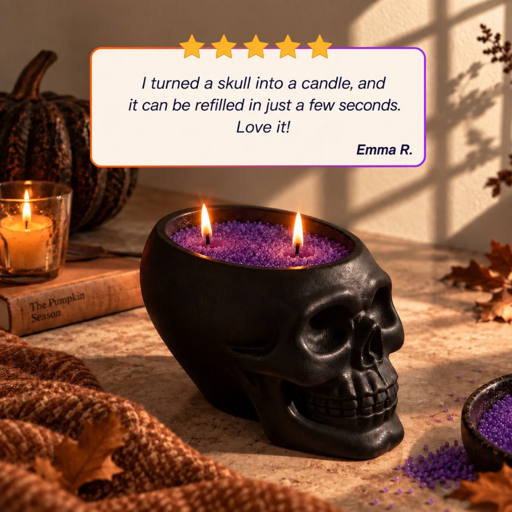 Skull Vessel filled with lit purple wax pearls, with a five-star customer review