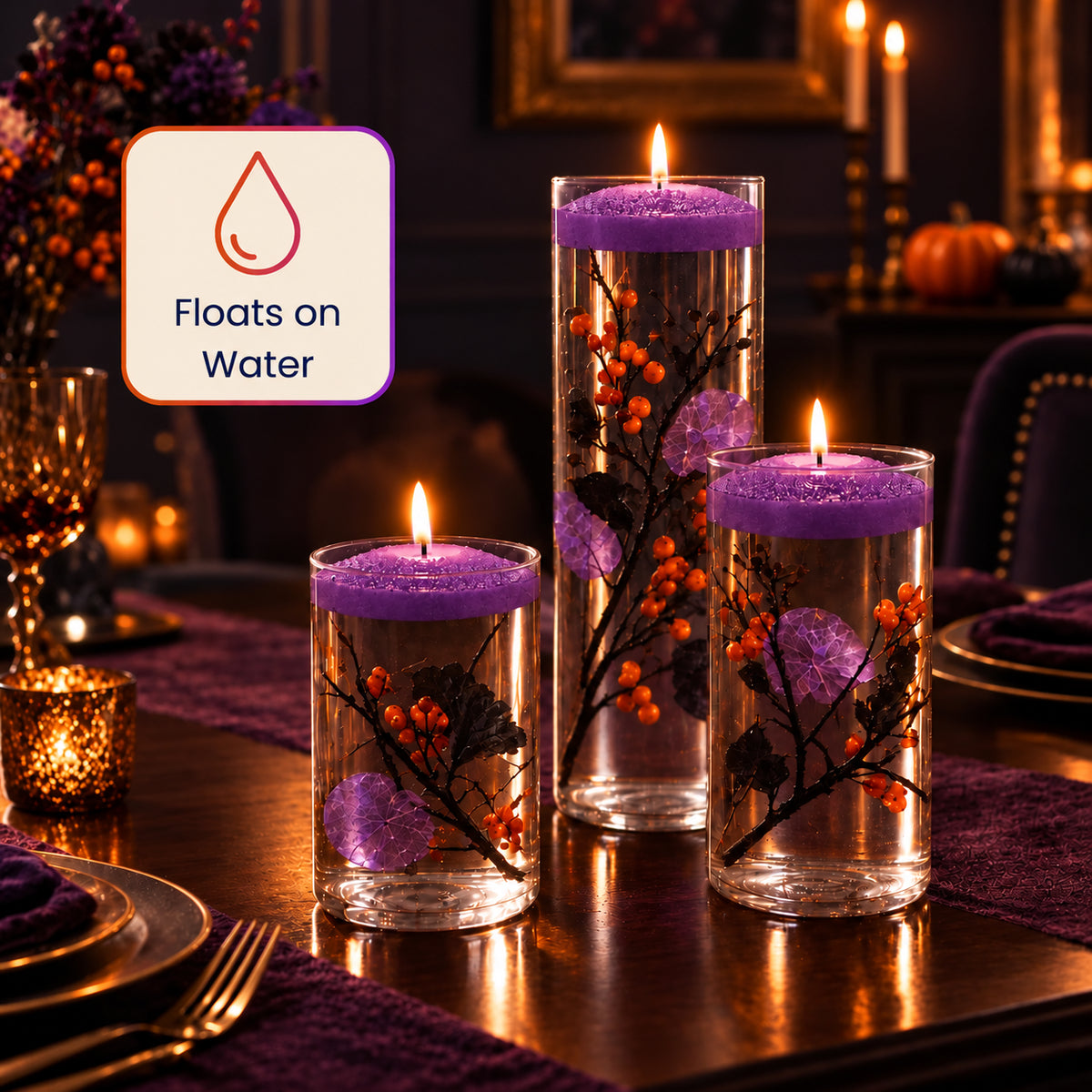 Floating purple candles in glass cylinders on a Halloween dinner table