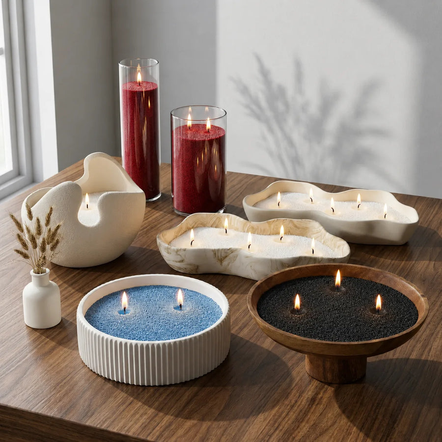 Warmnest wax pearls burning in bowls, glasses and a wooden dish