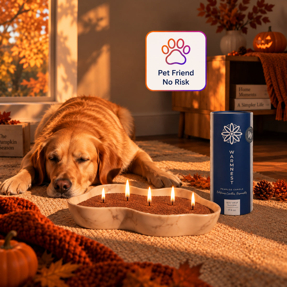 Dog resting next to a bowl of lit brown wax pearls
