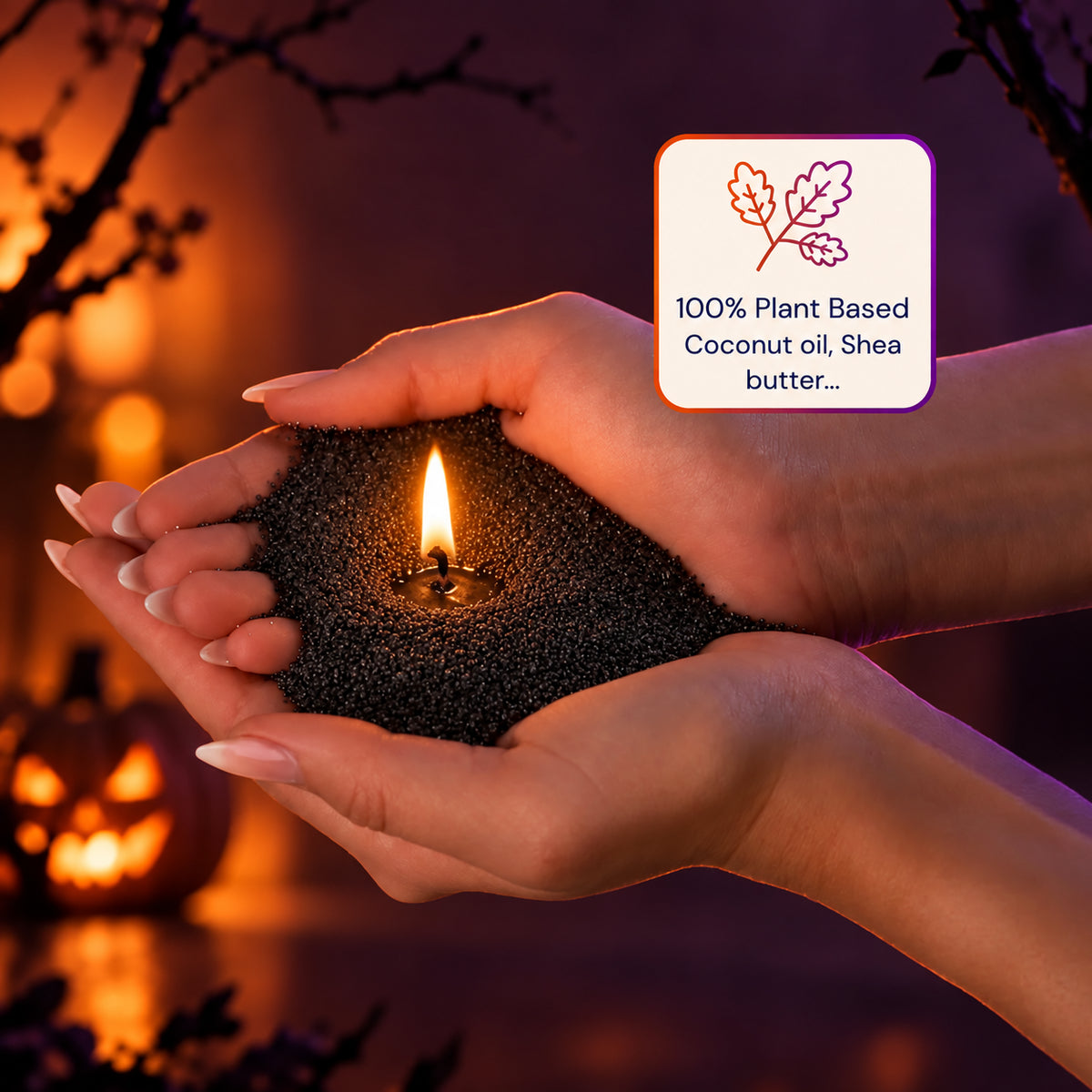Hands holding black plant-based wax pearls around a lit wick