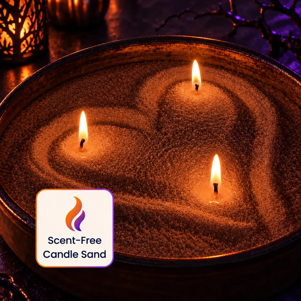 Scent-free brown candle sand shaped into a heart with three lit wicks