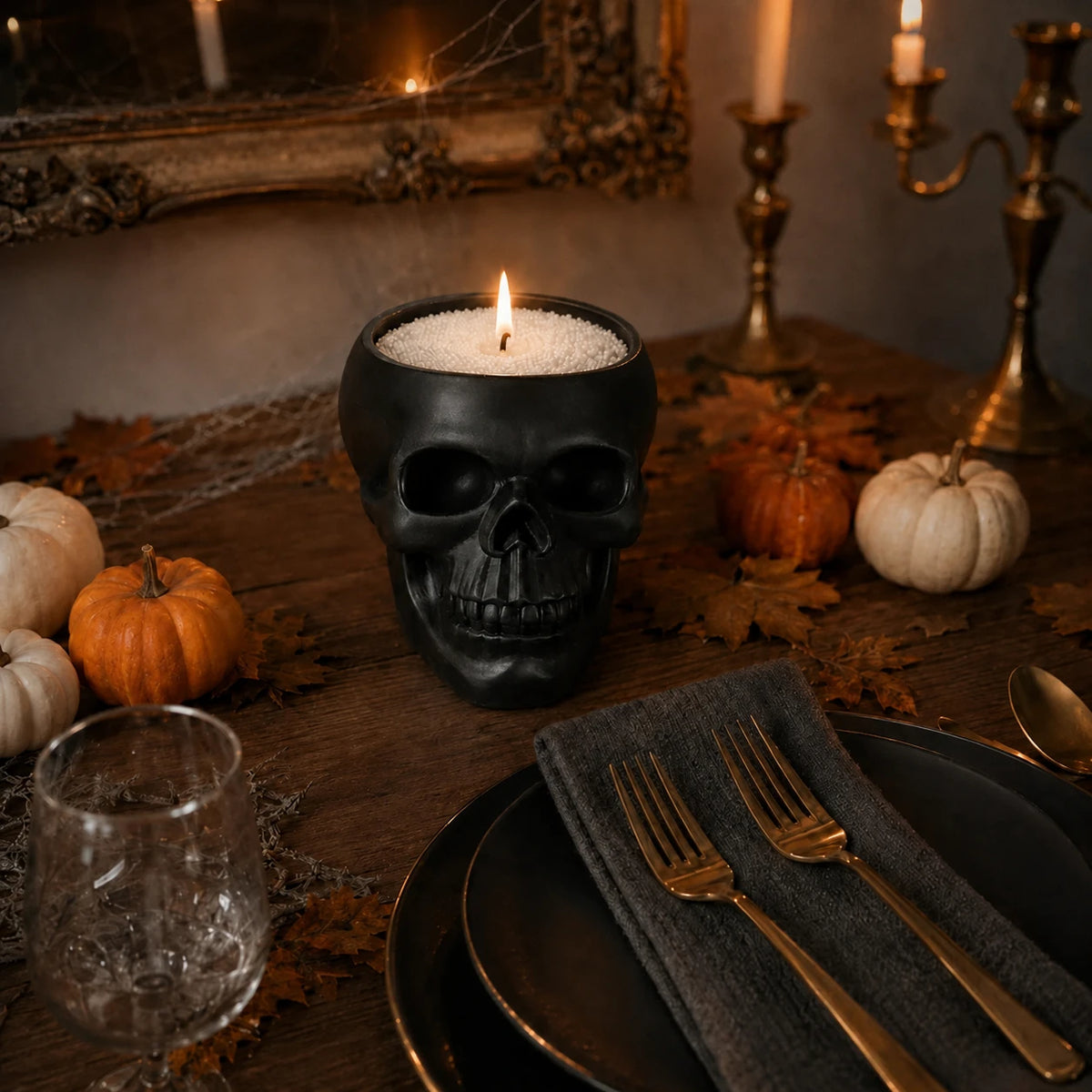 Matte black Warmnest skull vessel filled with lit wax pearls, styled as a centrepiece on an autumn dinner table
